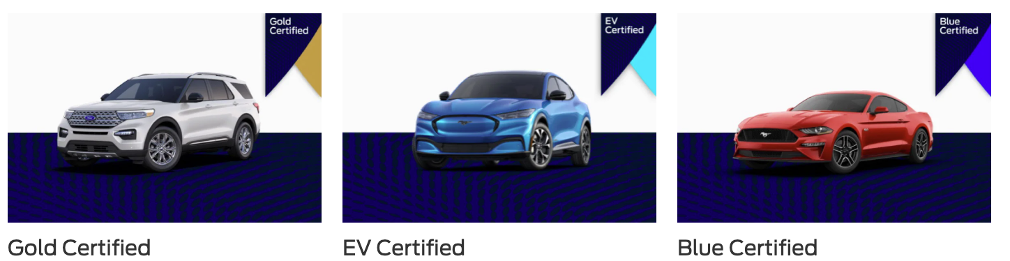 Three Ford Certified Pre-Owned vehicles labeled Gold Certified, EV Certified, and Blue Certified, showcasing different certification tiers